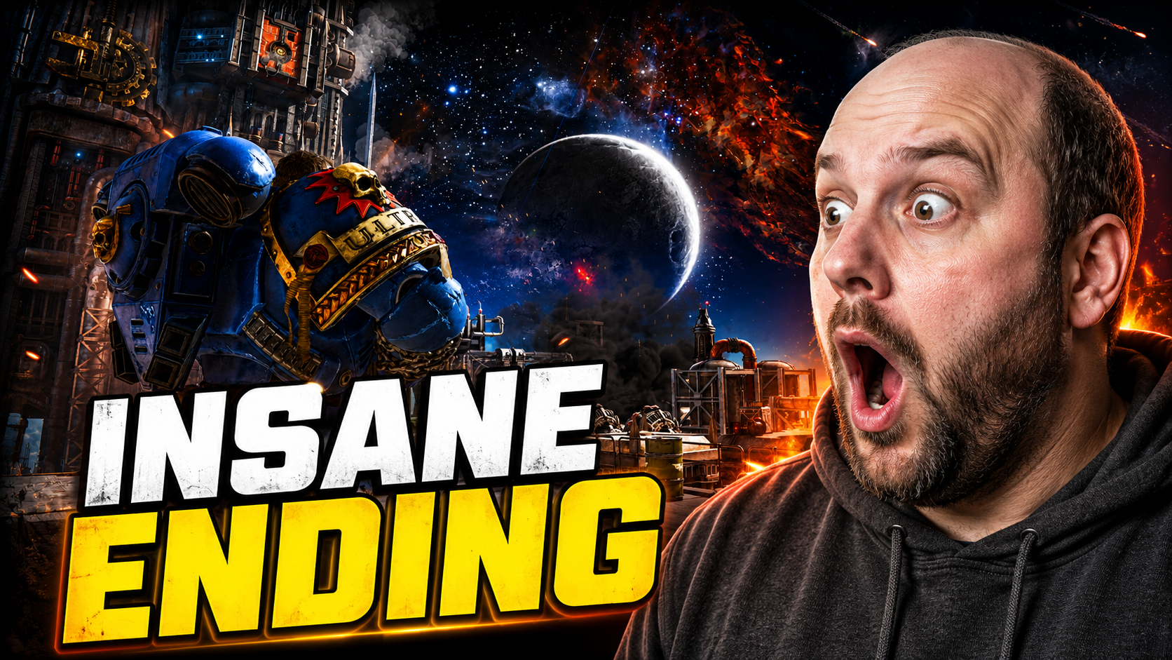Gaming and reaction thumbnail example with dramatic action, surprised face, bold yellow text, and 16:9 YouTube layout