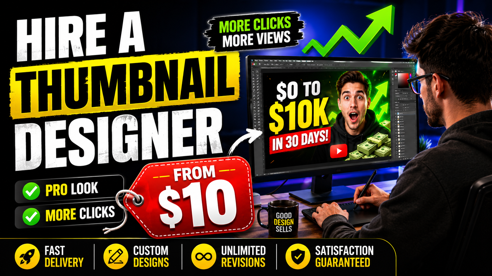 Hire a YouTube thumbnail designer from $10 guide showing custom design, fast delivery, unlimited revisions, and satisfaction guarantee