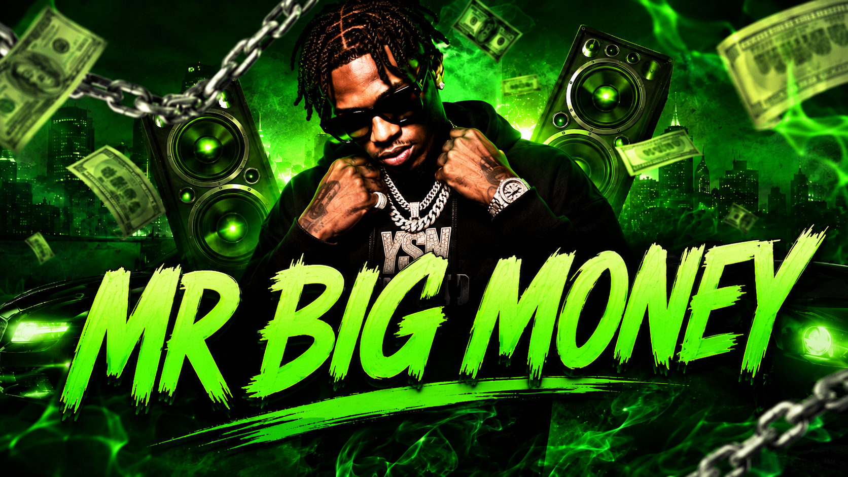 Music thumbnail example with artist portrait, green smoke, speakers, flying money, and bold music video headline text