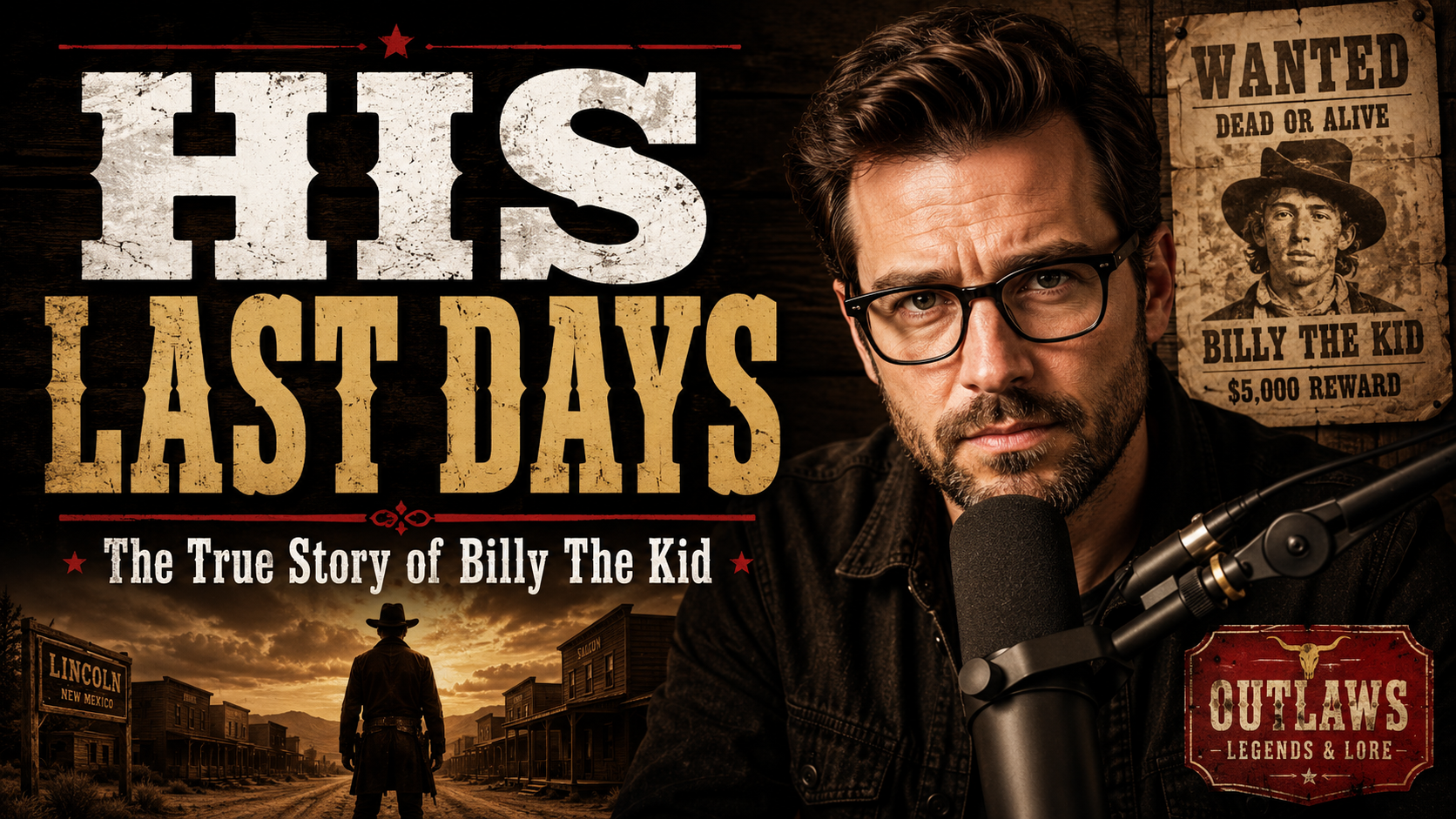 Podcast and interview thumbnail example with host, microphone, dramatic story headline, and documentary-style layout