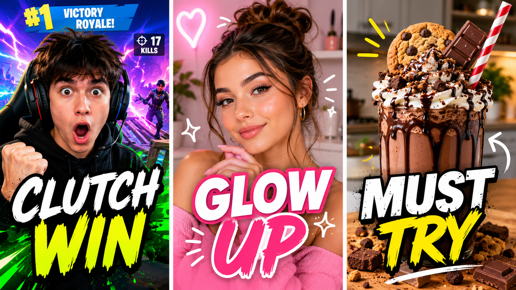 Shorts, Reels, and TikTok cover examples with vertical gaming, beauty, and food hooks in one 16:9 preview image