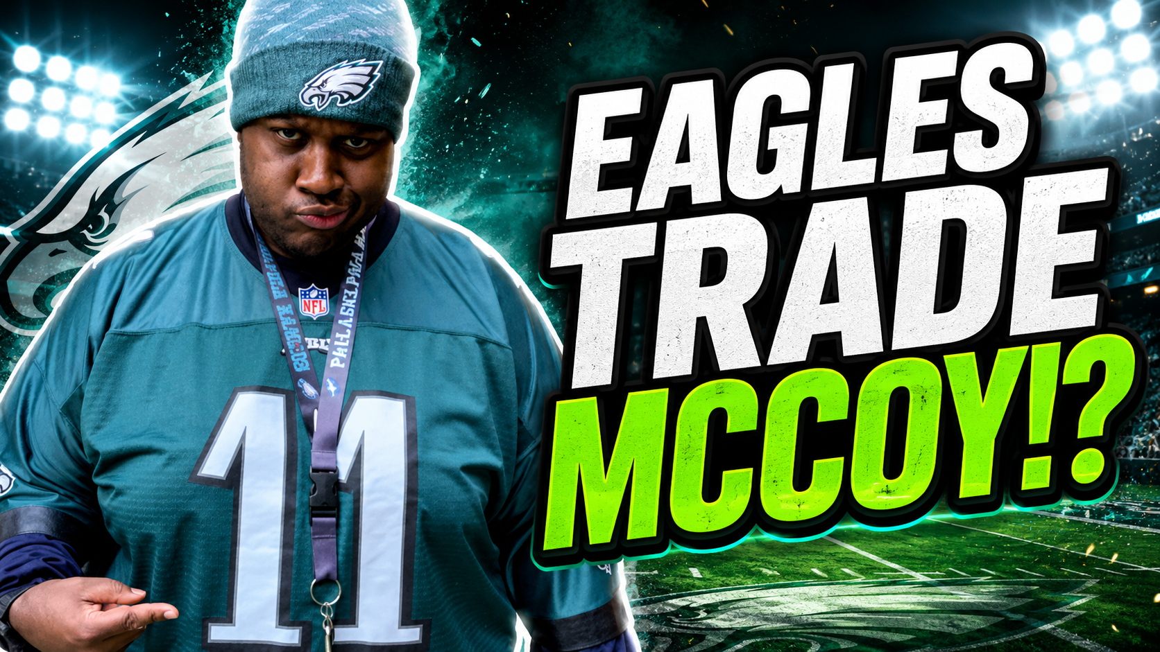 Sports thumbnail example with team trade headline, fan subject, stadium background, and high-energy contrast