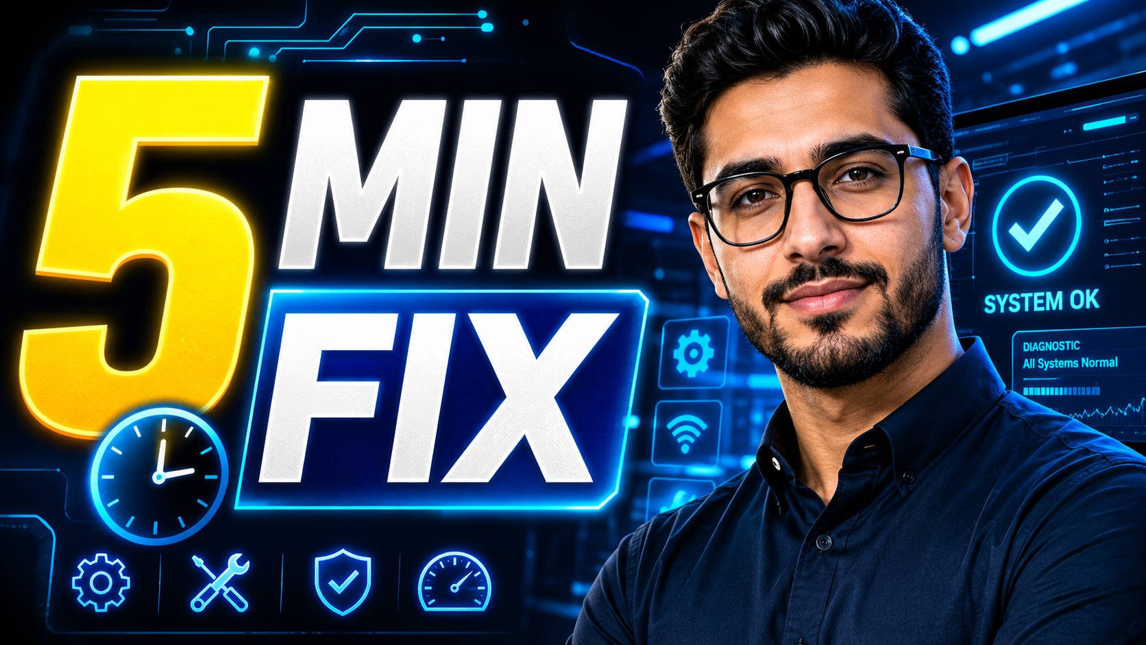 Tech thumbnail example with a five-minute fix headline, clear subject, blue system graphics, and high-contrast layout